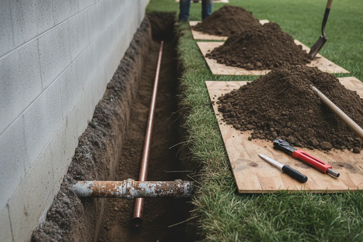 Excavated water line trench during Water Heater Repair in Goodfield